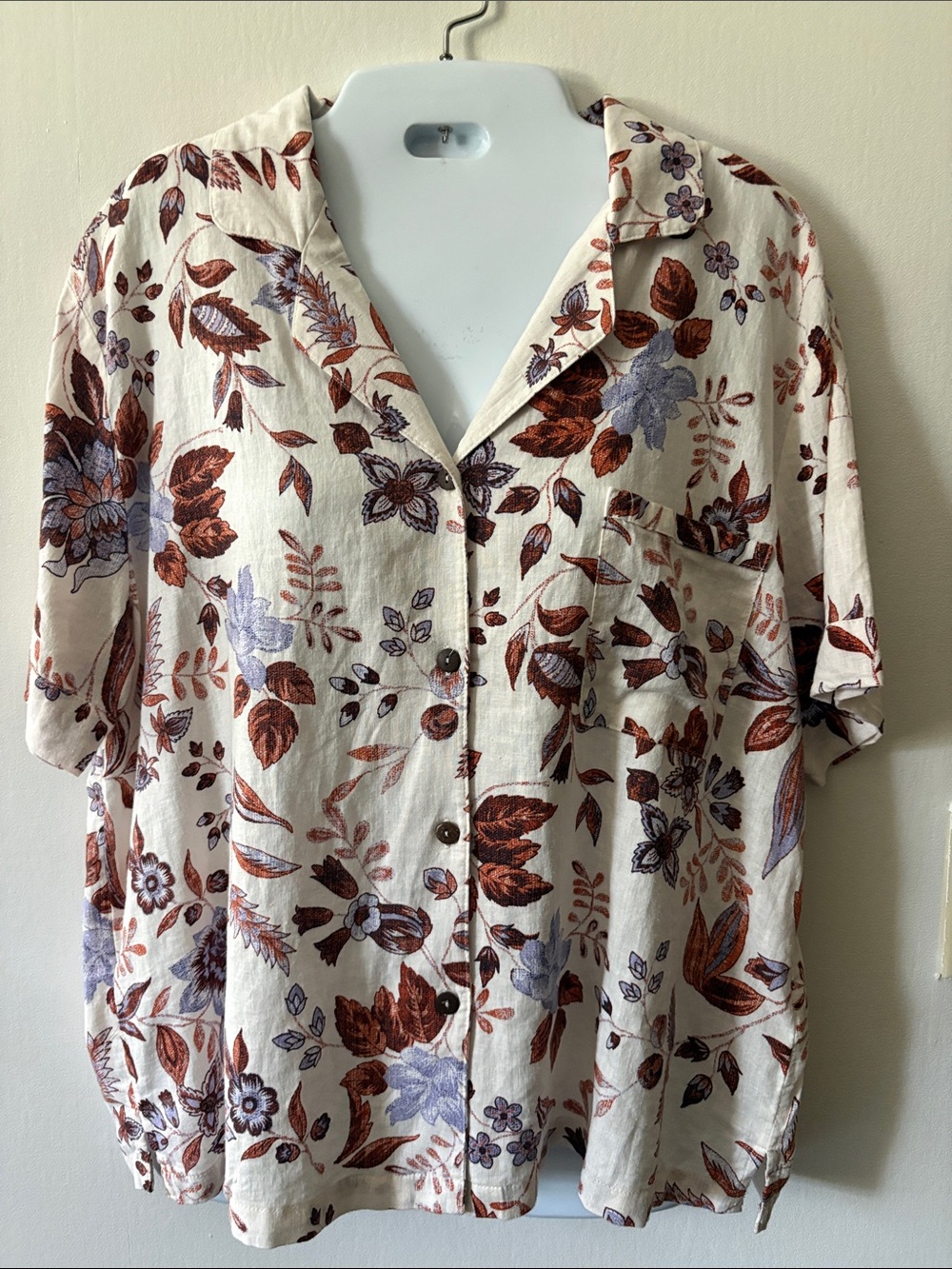 Rachel Zoe Cream Button-Down Floral Shirt with Brown and Lavender Print